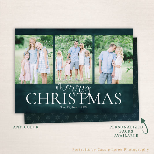 Personalized Merry Christmas card with three family photos, elegant script text, deep green background, and customizable color and back design options.