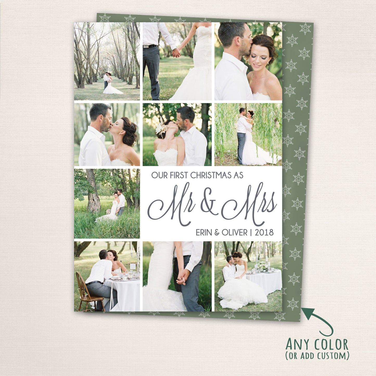 First Christmas as Mr. and Mrs. photo collage card featuring wedding portraits, classic script text, and personalized couple’s name.