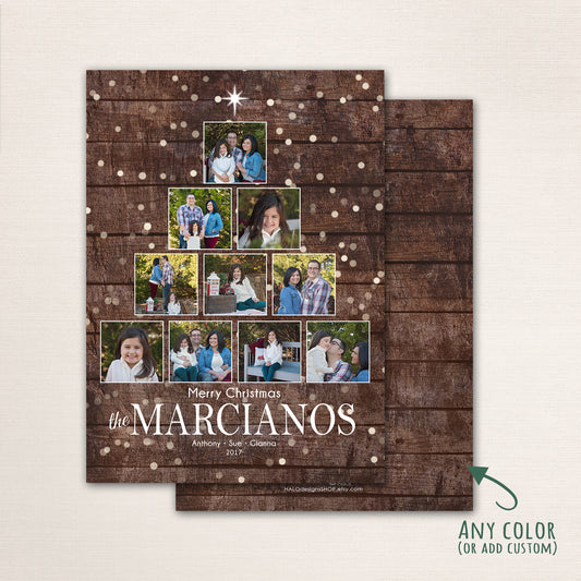 Rustic Christmas photo card featuring a wooden background with twinkling lights and a tree-shaped collage of family photos, personalized with family name and holiday greeting.