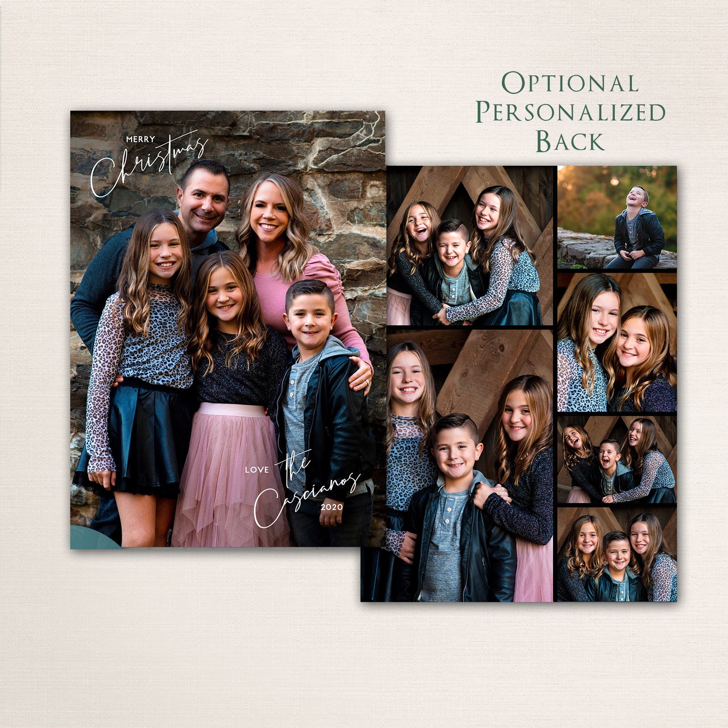 Elegant photo Christmas card with customizable text and optional multi-photo back design for sharing memories.