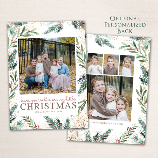 Merriest Christmas botanical photo card with watercolor pine branches and berries surrounding a family photo, featuring customizable names and year in modern typography and a collage of photos on the back.