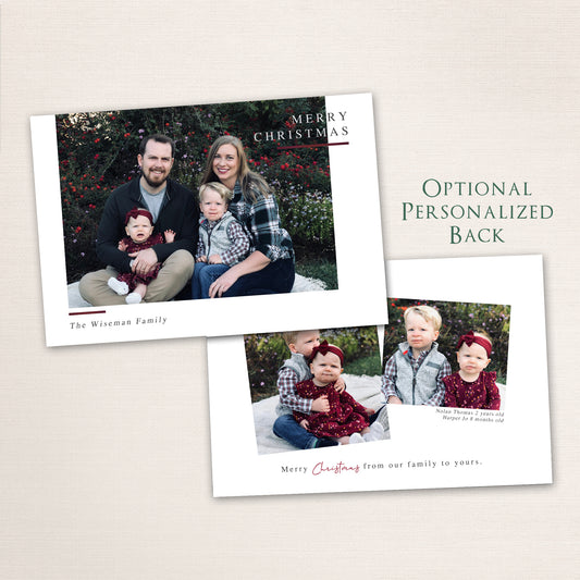 Horizontal modern minimalist holiday photo card with “Merry Christmas” text, full-family photo, white border, and a photo collage on the back.