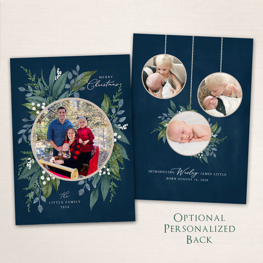 Holiday wreath photo Christmas card featuring a circular photo framed by watercolor greenery and berries, personalized family name, and optional matching back featuring 3 round ornament-like photos.