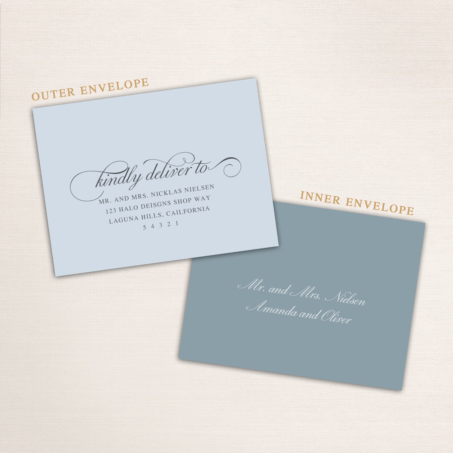 An inner and outer envelope set where the outer envelope has the guest names and address printed on it and the inner envelope just has the guest names printed.