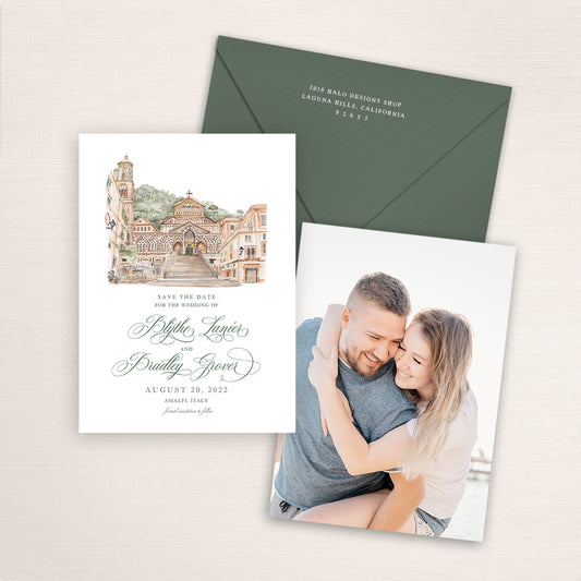 Custom watercolor Save the Date card featuring hand-painted venue illustration of Amalfi Cathedral in Italy personalized wedding stationery with elegant venue artwork with matching envelope.