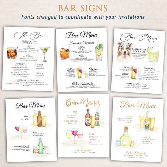 Collection of watercolor bar menu signs for weddings showcasing signature cocktails, wine, beer, and liquor options. Includes illustrated drinks, pet portraits, and custom fonts designed to coordinate with wedding invitations.