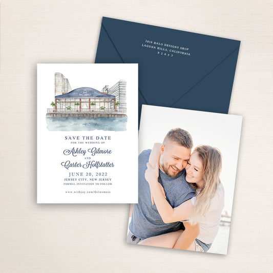 Custom watercolor Save the Date card featuring hand-painted venue illustration of Battello in Jersey City, New Jersey personalized wedding stationery with elegant venue artwork with matching envelope.