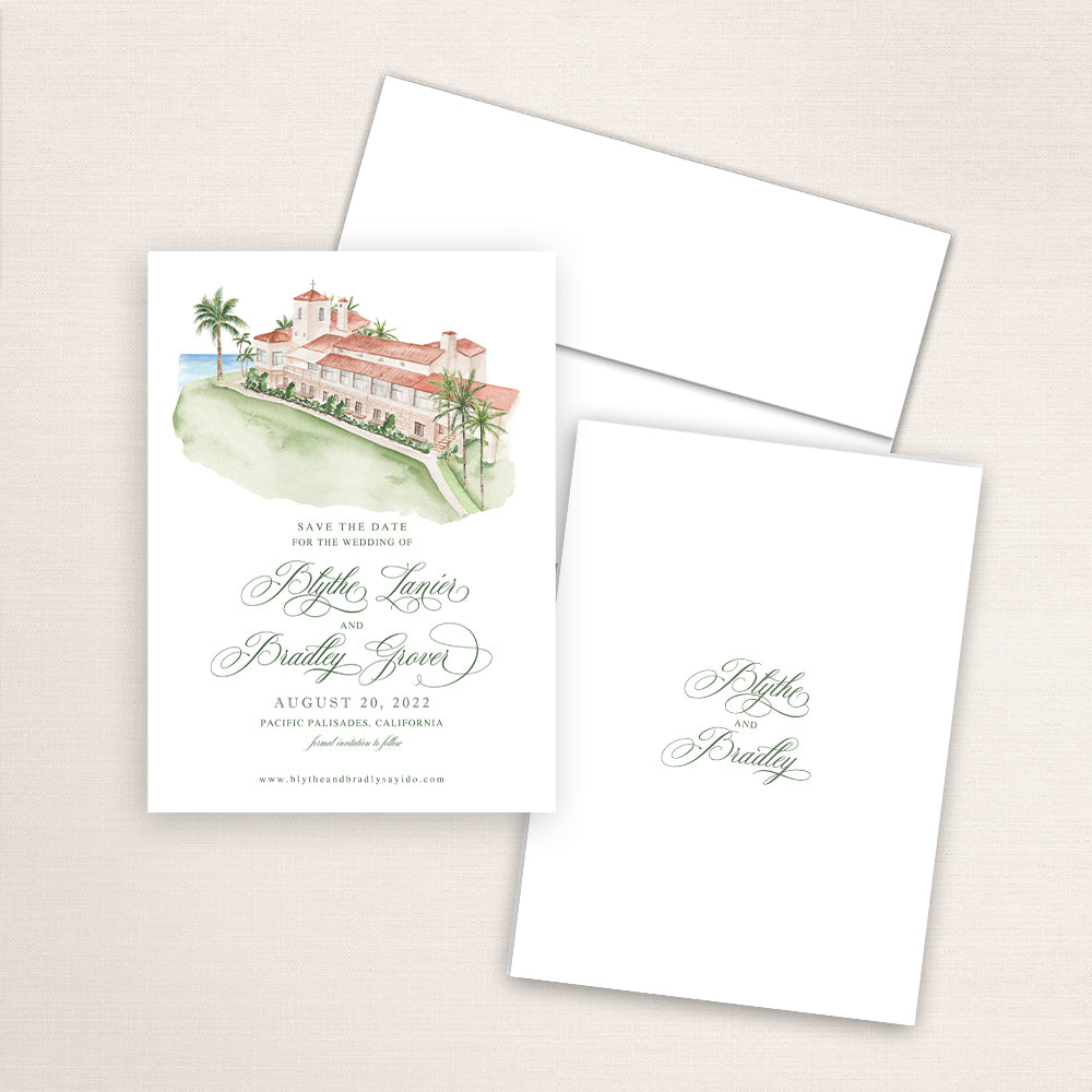 Custom watercolor Save the Date card featuring hand-painted venue illustration of Bel-Air Bay Club in Pacific Palisades, California personalized wedding stationery with elegant venue artwork.