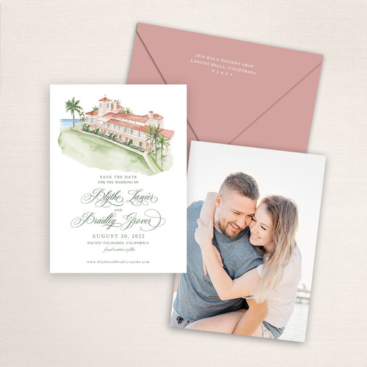 Custom watercolor Save the Date card featuring hand-painted venue illustration of Bel-Air Bay Club in Pacific Palisades, California personalized wedding stationery with elegant venue artwork with matching envelope.