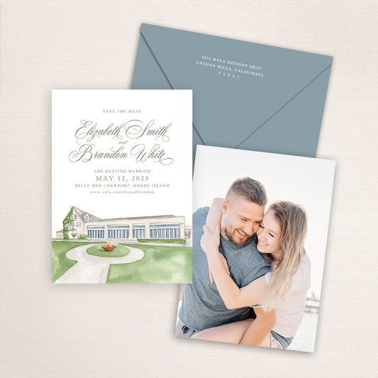 A watercolor painting of Belle Mer printed on a save the date wedding card with a photo on the back and matching envelopes.