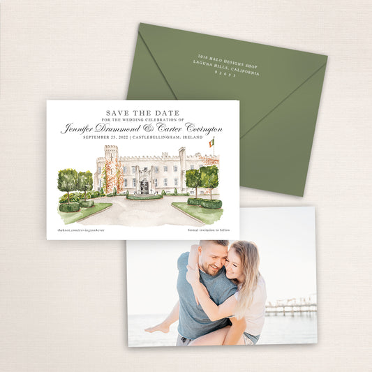 Custom watercolor Save the Date card featuring hand-painted venue illustration of Bellingham Castle in Ireland personalized wedding stationery with elegant venue artwork with matching envelope.