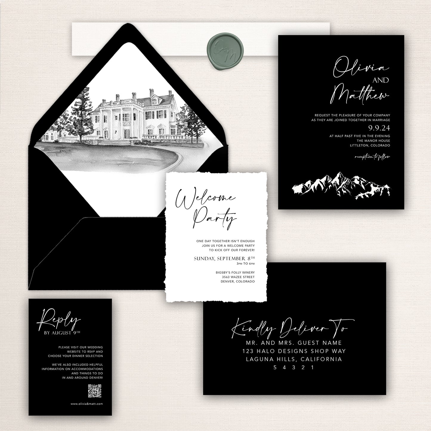 Black and white mountain wedding invitation suite with bold modern invitation, hand-drawn mountain illustration, venue envelope liner, RSVP card, and coordinating envelopes.
