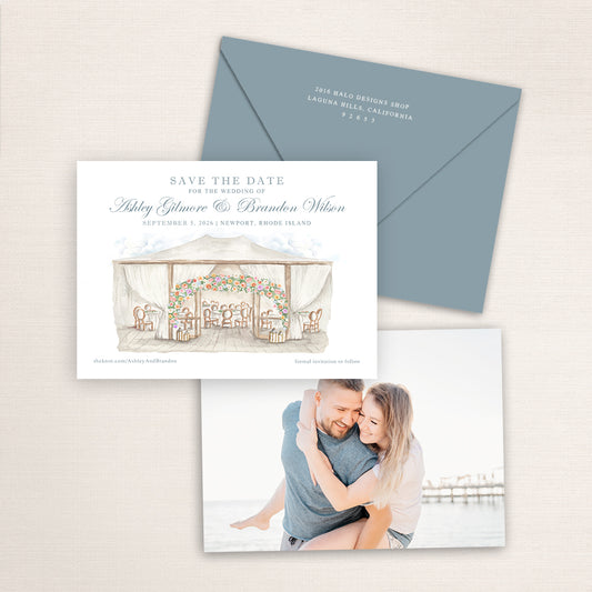 Bohlin Newport Rhode Island save the date featuring a watercolor illustration of a sailcloth wedding tent with floral arch, elegant script names, blue envelope, and engagement photo on the back.