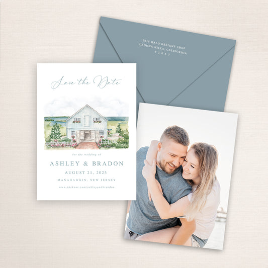 Custom watercolor Save the Date card featuring hand-painted venue illustration of Bonnet Island Chapel in Manahawkin, New Jersey personalized wedding stationery with elegant venue artwork with matching envelope.
