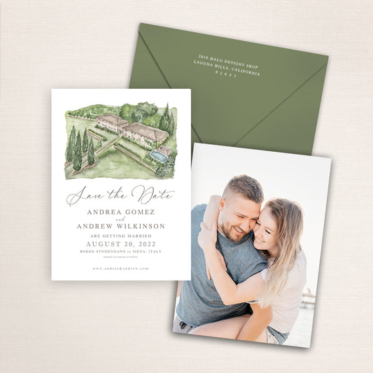 Borgo Stomennano Tuscany save the date with hand-painted watercolor illustration of the Italian villa and gardens, refined script typography, sage envelope, and engagement photo on the back.