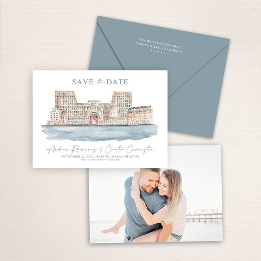 Custom watercolor Save the Date card featuring hand-painted venue illustration of the Boston Harbor Hotel in Boston, Massachusetts personalized wedding stationery with elegant venue artwork with matching envelope.