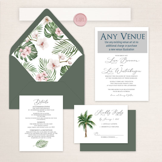 Tropical destination wedding invitation suite with customizable venue artwork, featuring a watercolor floral envelope liner with orchids and palm leaves, sage green envelope, formal invitation card, details card, RSVP card with watercolor palm tree illustration, wax seal monogram, and refined calligraphy typography.
