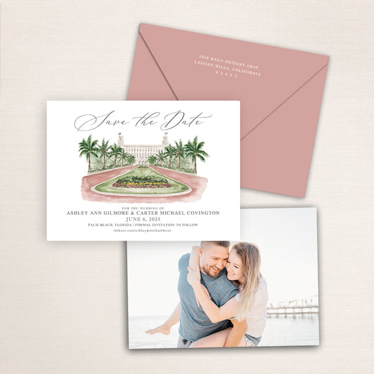 Custom watercolor Save the Date card featuring hand-painted venue illustration of the Breakers Hotel in Palm Beach, Florida, personalized wedding stationery with elegant venue artwork with matching envelope.