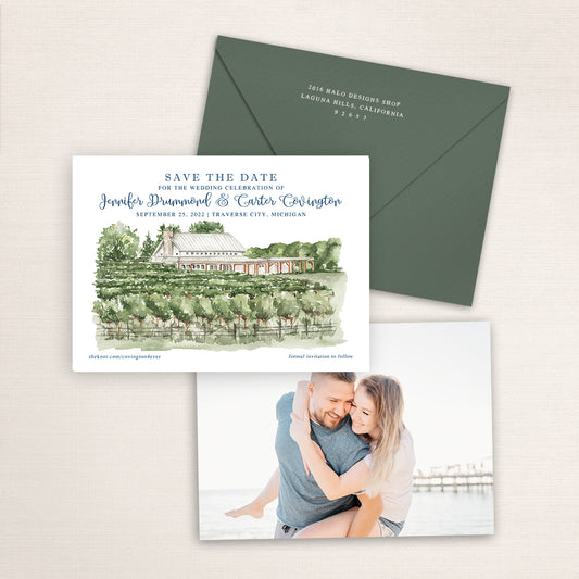 Custom watercolor Save the Date card featuring hand-painted illustration of Brengman Brothers Winery in Traverse City, Michigan, personalized wedding stationery with elegant venue artwork.