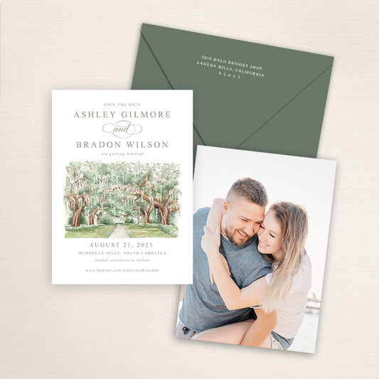 A watercolor painting of Brookgreen Gardens printed on a save the date announcement with a photo on the back and matching envelopes.