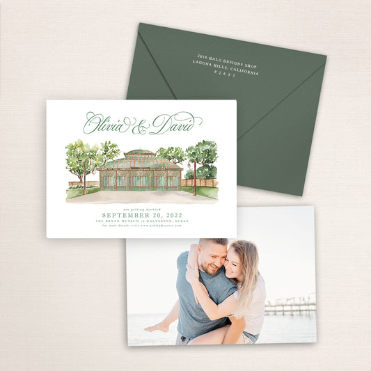 Custom watercolor Save the Date card featuring hand-painted illustration of the Bryan Museum in Galveston, Texas , personalized wedding stationery with elegant venue artwork with matching envelope.