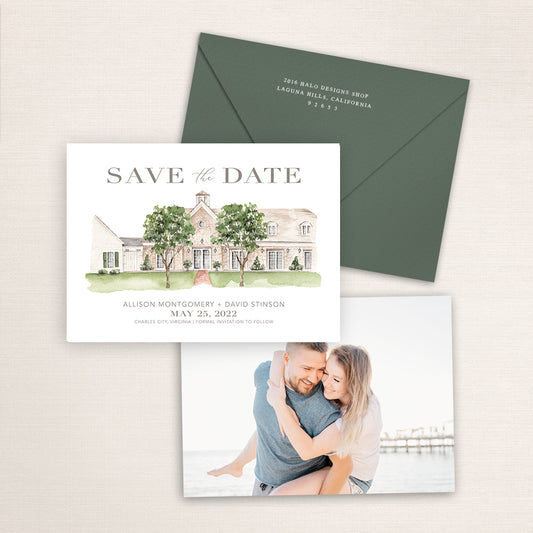 Custom watercolor Save the Date card featuring hand-painted illustration of Burlington Plantation in Charles City, Virginia, personalized wedding stationery with elegant venue artwork with matching envelope.