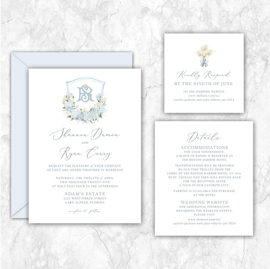 Wedding invitation suite with blue hydrangea and calla lily watercolors with matching a rsvp and details card.
