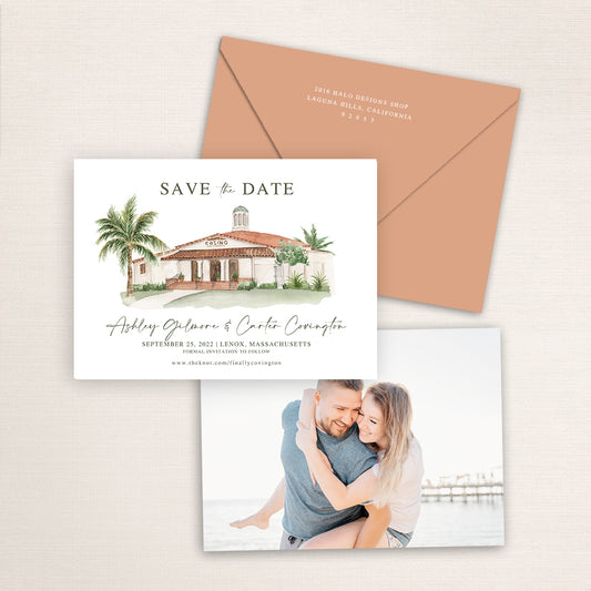 Custom watercolor Save the Date card featuring hand-painted illustration of the Casino San Clemente in San Clemente, California, personalized wedding stationery with elegant venue artwork with matching envelope.