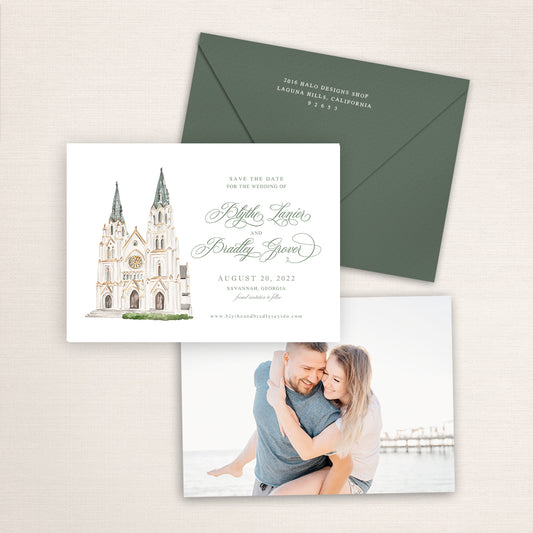 Custom watercolor Save the Date card featuring hand-painted illustration of the Cathedral Basilica of St. John the Baptist in Savannah, Georgia, personalized wedding stationery with elegant venue artwork with matching envelope.