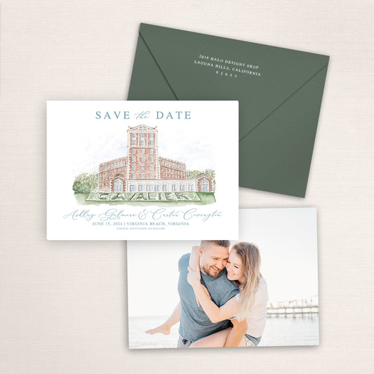 Custom watercolor Save the Date card featuring hand-painted illustration of Cavalier Hotel in Virginia Beach, Virginia, personalized wedding stationery with elegant venue artwork with matching envelope.