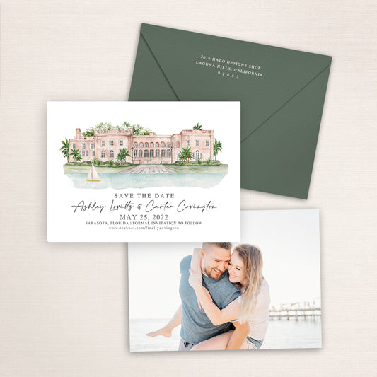 Custom watercolor Save the Date card featuring hand-painted illustration of Charles Ringling Mansion at New College in Sarasota, Florida, personalized wedding stationery with elegant venue artwork with matching envelope.