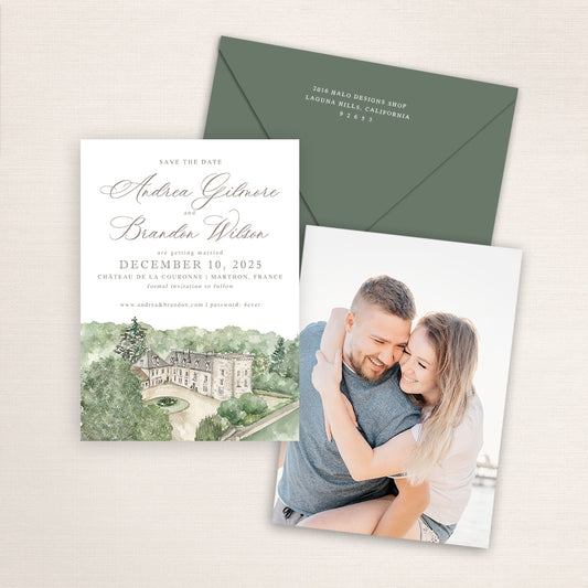 Wedding save the date cards featuring a hand-painted venue watercolor of Chateau de Couronne in Marthon, France with an engagement photo on the back and matching envelopes.