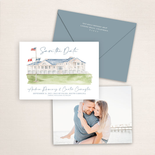 Custom watercolor Save the Date card featuring hand-painted illustration of Citadel Beach Club in Isle of Palms, South Carolina, personalized wedding stationery with elegant venue artwork with matching envelope.