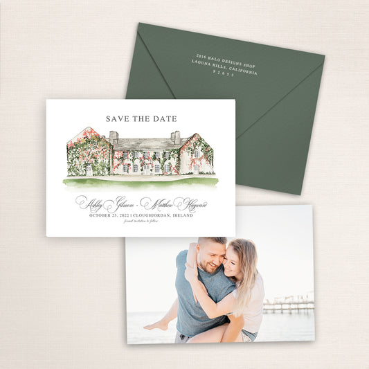 Custom watercolor Save the Date card featuring hand-painted illustration of Cloughjordan House in Ireland, personalized wedding stationery with elegant venue artwork with matching envelope.