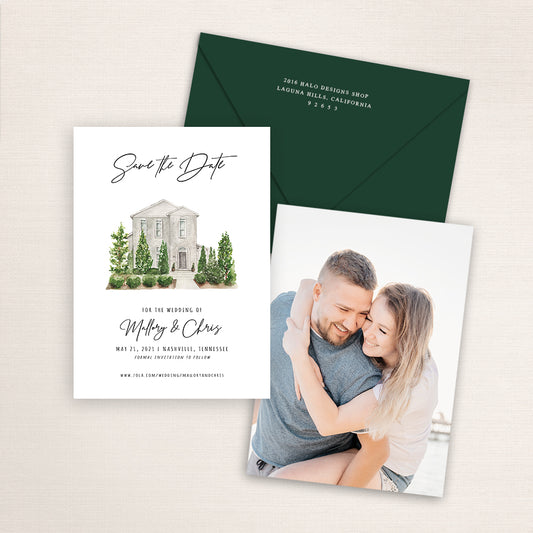 Custom watercolor Save the Date card featuring hand-painted venue illustration of the Cordelle in Nashville, Tennessee, personalized wedding stationery with elegant venue artwork with matching envelope.