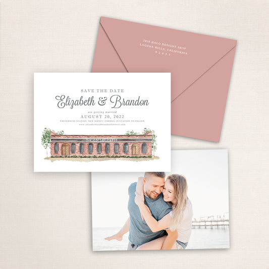 Custom watercolor Save the Date card featuring hand-painted illustration of Cotton Press in Little Mountain, South Carolina, personalized wedding stationery with elegant venue artwork with matching envelope.