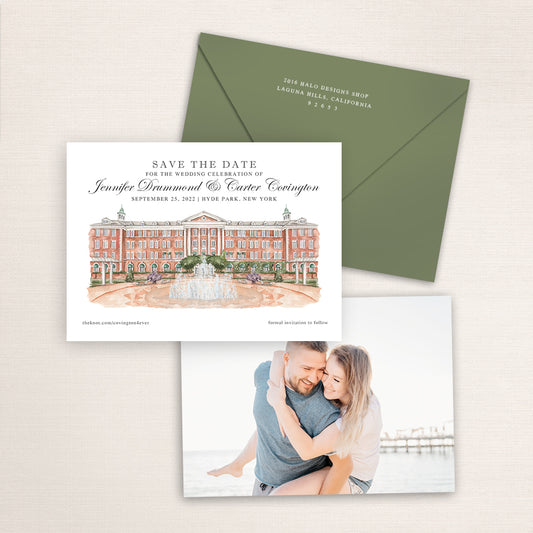 Custom watercolor Save the Date card featuring hand-painted illustration of Culinary Institute of America in Hyde Park, New York, personalized wedding stationery with elegant venue artwork with matching envelope.