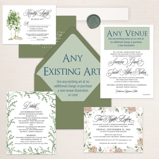 A coordinated wedding stationery set displayed on a white background, including a venue invitation card, RSVP card, details card, and a floral-themed envelope with a wax seal. The stationery features green botanical borders and elegant black script text.