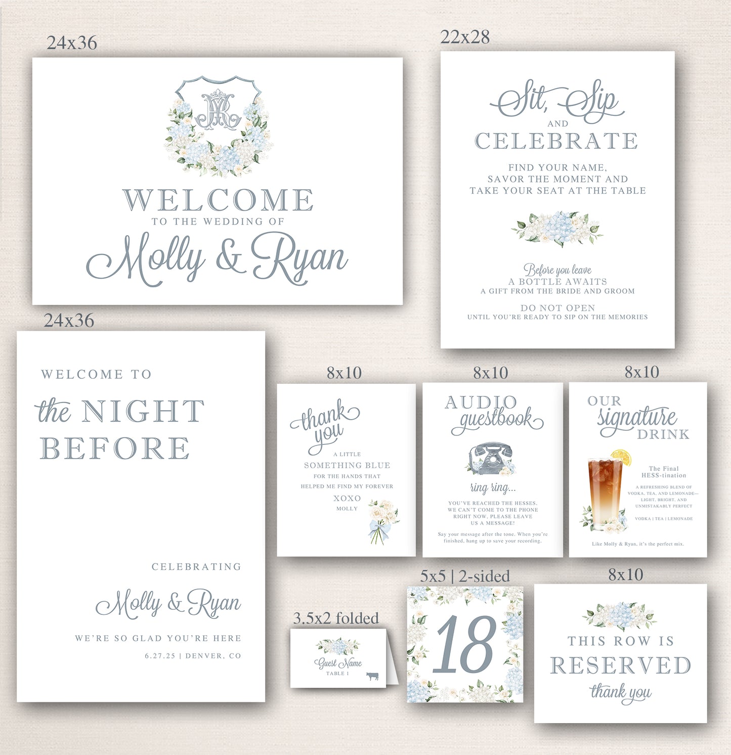 Assorted wedding day signage in various sizes including welcome signs, reserved seating cards, table numbers, thank-you signs, and drink menus with coordinating blue floral designs and elegant typography.