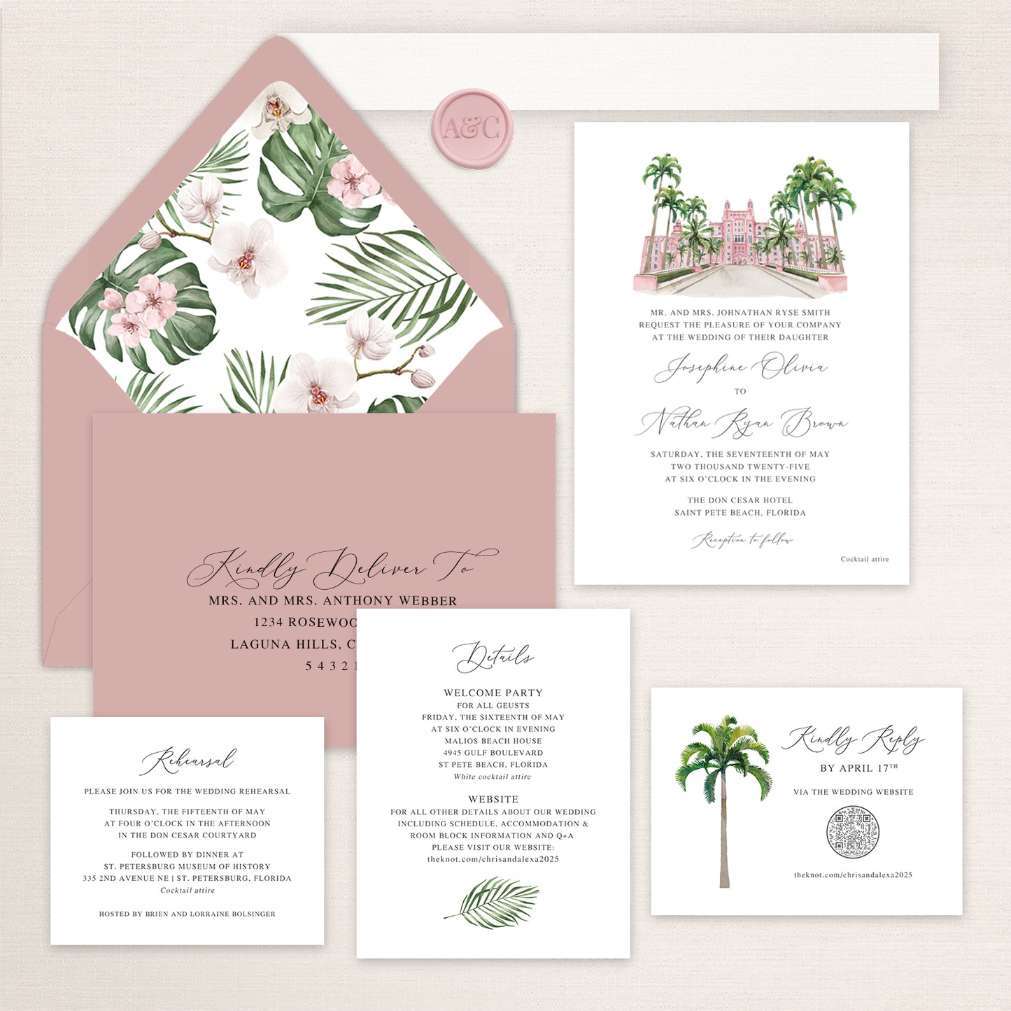 Wedding invitation suite with watercolor illustration of the Don CeSar Hotel, tropical floral envelope liner, palm tree RSVP card, and matching details card.