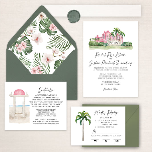 Wedding invitation suite with a watercolor painting of the Don CeSar Hotel with coordinating details and rsvp inserts envelope liners, and wax seal.