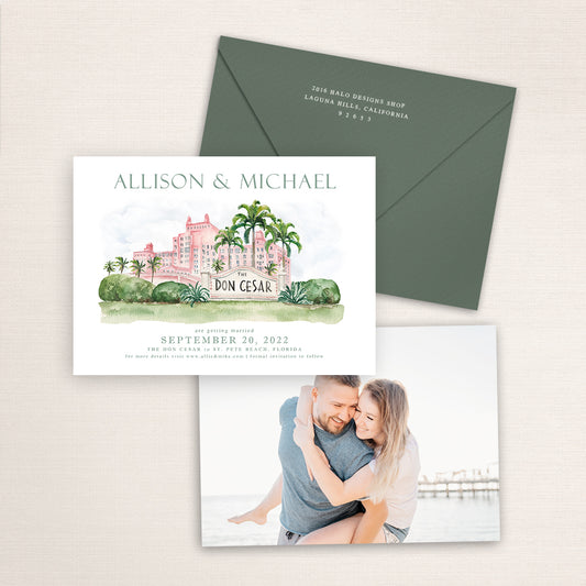 Custom watercolor Save the Date card featuring hand-painted illustration of Don Cesar in St. Pete Beach, Florida. Personalized wedding stationery with elegant venue artwork and matching envelopes.