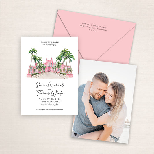 Custom watercolor Save the Date card featuring hand-painted illustration of Don Cesar in St. Pete Beach, Florida, personalized wedding stationery with elegant venue artwork with matching envelope.