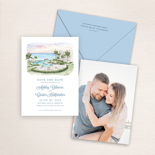Custom watercolor Save the Date card featuring hand-painted illustration of Dreams Jade Resort in Riviera Maya, Mexico, personalized wedding stationery with elegant venue artwork with matching envelope.