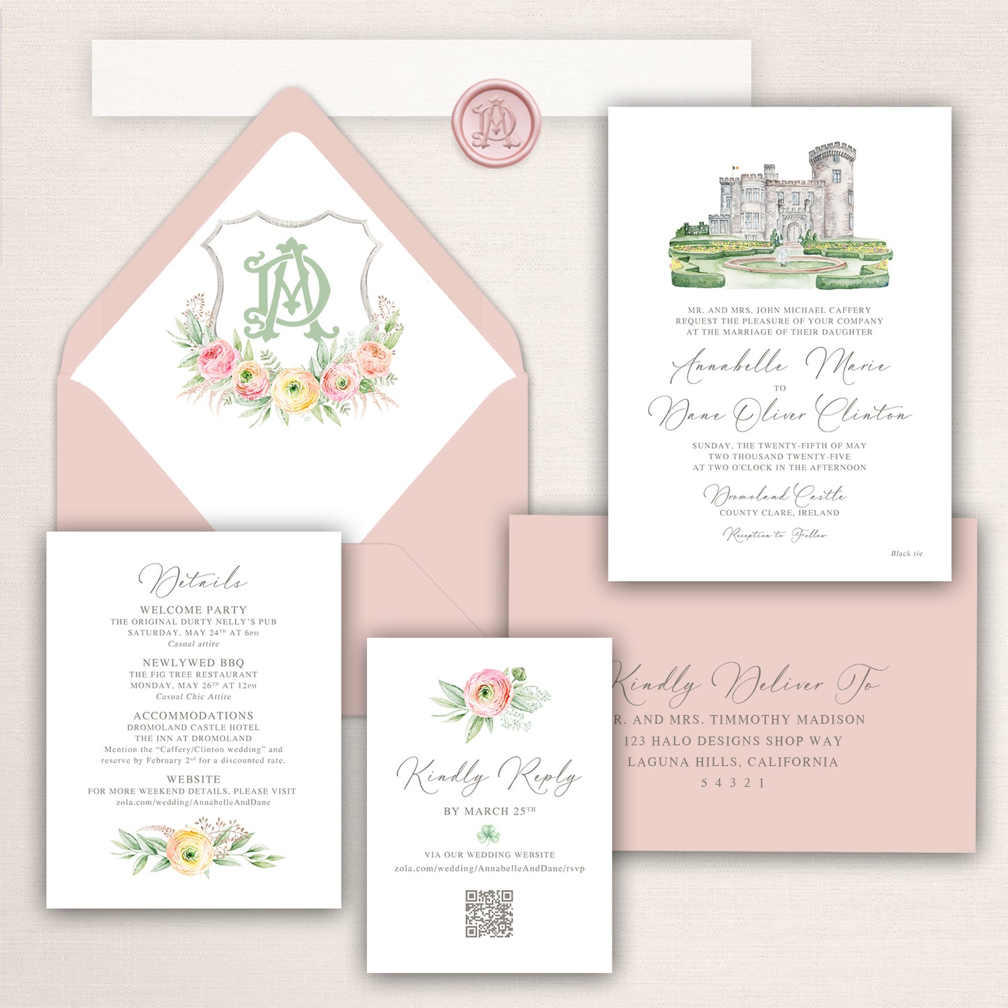 Wedding invitation suite with watercolor illustration of Dromoland Castle, custom crest design, and floral envelope liner.
