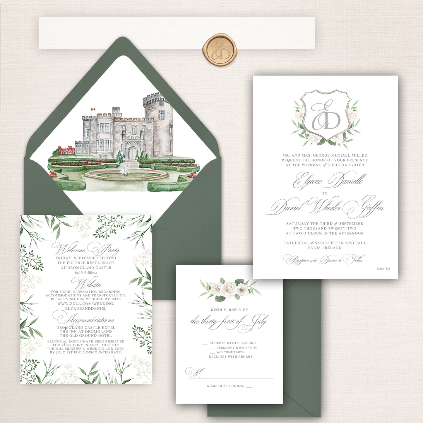 Wedding invitation suite with watercolor painting of Dromoland Castle as the envelope liner, crest invite design and matching inserts.