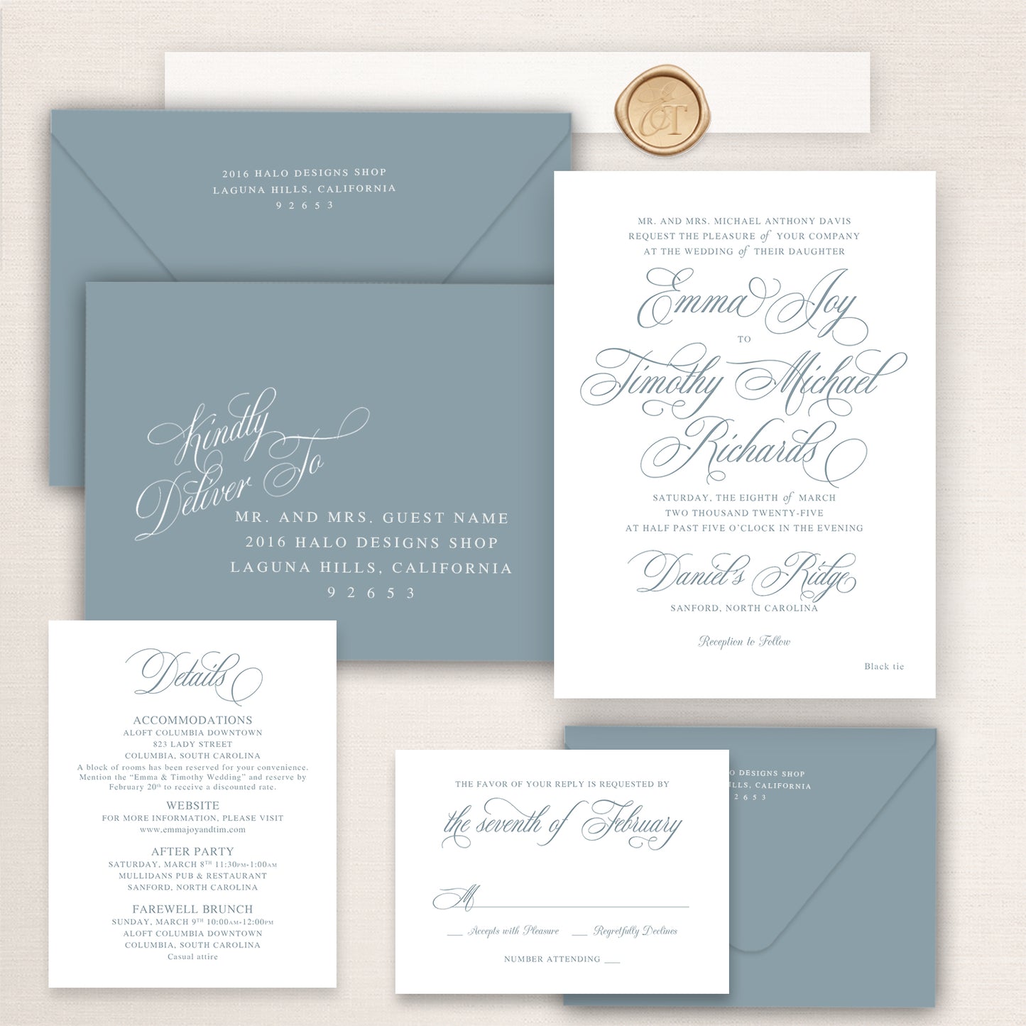 Dusty blue script wedding invitation suite with elegant calligraphy typography, RSVP card, details insert, wax seal, and matching blue envelopes.