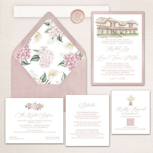 Wedding invitation suite with watercolor illustration of Edward Anne Estate at Bavaria Downs, pink floral envelope liner, and coordinating stationery.