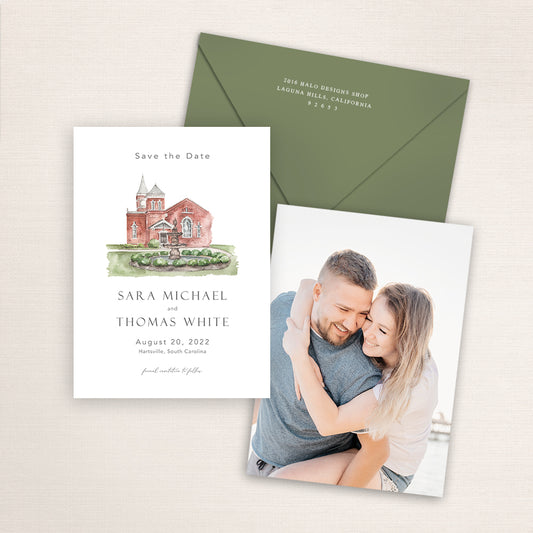 Custom watercolor Save the Date card featuring hand-painted illustration of First Presbyterian Church in Hartsville, South Carolina, personalized wedding stationery with elegant venue artwork with matching envelope.