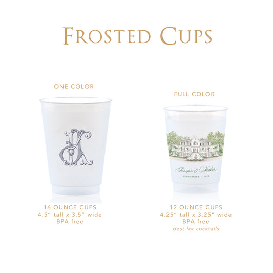 Personalized frosted wedding cups shown in two styles: a one-color monogram design on a 16oz cup and a full-color venue illustration with names and date on a 12oz cup, both BPA-free and ideal for wedding receptions and cocktails.